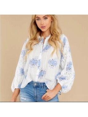 Love Shack Fancy Spectra Blue White Floral Button-Front Blouse Medium